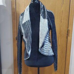 Cabi open front waterfall cardigan wool blend block knit grey black white